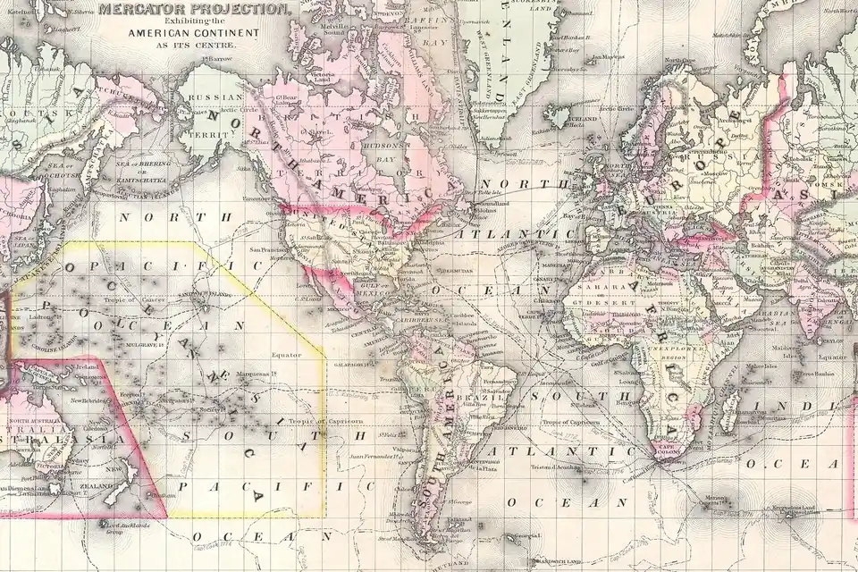 A hand-coloured nineteenth-century world map on Mercator's projection, the Atlantic and Pacific oceans criss-crossed by old shipping routes